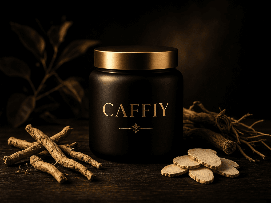 Shilajit resin, ashwagandha root, ginseng, tongkat ali bark, maca powder and capsules arranged on black slate