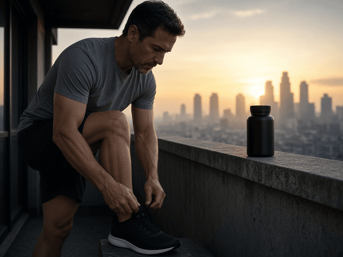 Man lacing running shoes on a rooftop at sunrise, supplement bottle beside him
